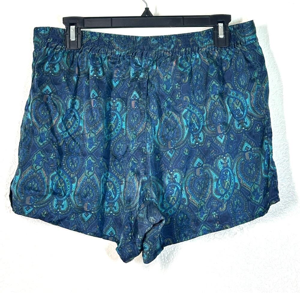 L XL Shorts 100% Silk blue teal paisley print elastic-waist casual 90's vintage